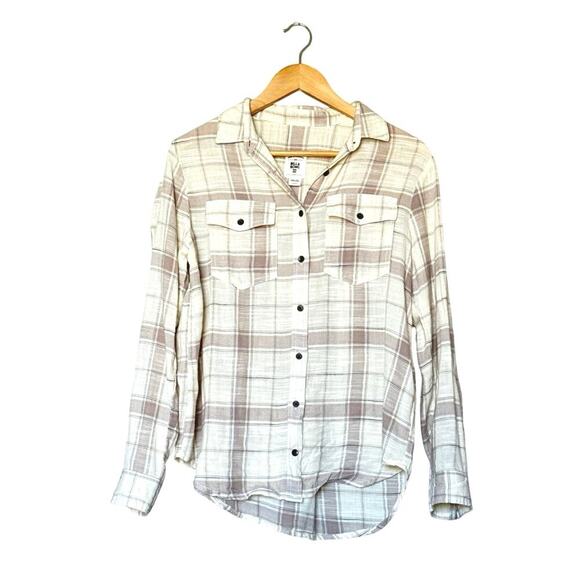 Billabong Venture Out Plaid Shirt Women’s Size M Cream/Tan EUC - Picture 5 of 11
